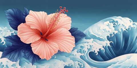 Hibiscus Flower Illustration Japanese Woodblock Print AAPI Heritage Month Vibrant Tropical Celebrations