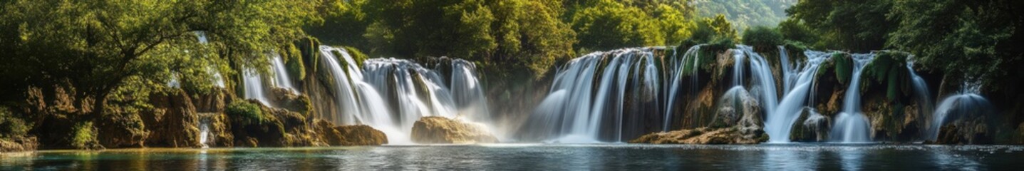 Naklejka premium Serene Waterfall Cascading Through Lush Green Forest