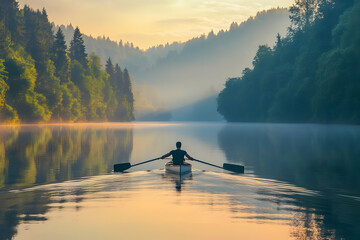 A person rowing on a tranquil river surrounded by misty mountains and lush greenery.