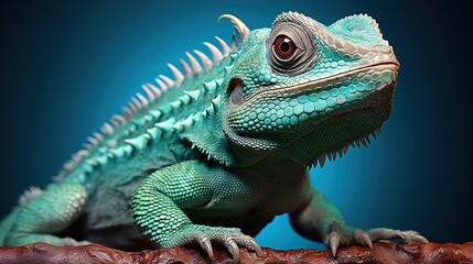Fototapeta premium Cute Chameleon on a Green Background with Space for Copy 