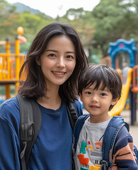 Japanese mother and son at playground park.