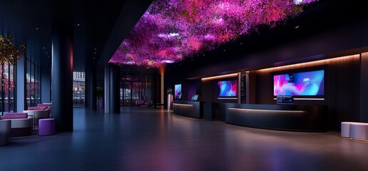 Modern hotel lobby with purple floral ceiling installation and digital displays.