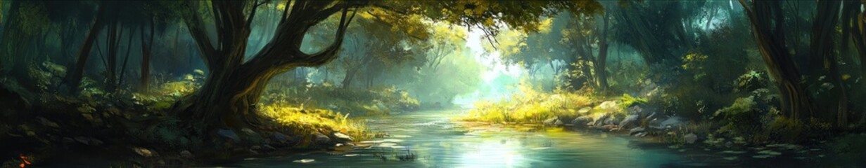 Obraz premium Serene Forest River Landscape with Sunlight Dappling Through Trees