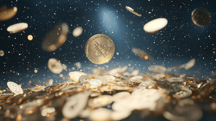 Golden Shower: A single gold coin floats amidst a shower of coins, symbolizing wealth, abundance, and financial success. The dynamic composition creates a sense of movement and excitement.
