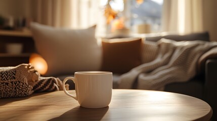 Obraz premium Blank mockup template of a coffee cup on a wooden table, surrounded by cozy home decor, pillows, and warm lighting.