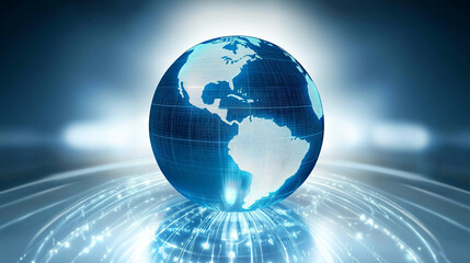 Glowing blue globe with digital lines representing global connectivity and technology
