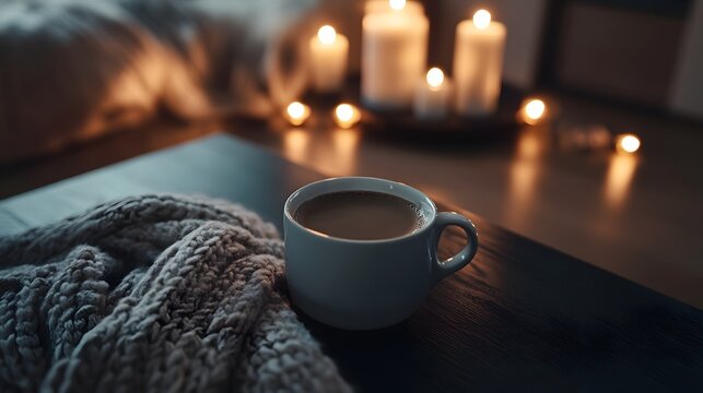 Blank mockup template of a coffee cup on a dark wooden table, with a soft wool blanket and glowing candles in the background.