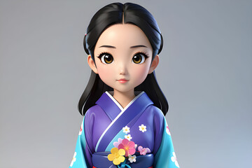 Japanese girl cartoon character 3d. Kimono girl