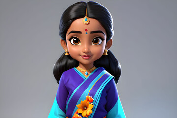 Indian Tamil Srilankan girl cartoon character 3d, Kimono girl