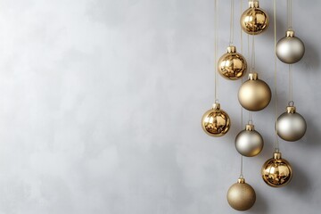 Decora&ccedil;&atilde;o de natal com bolas suspensas em tons dourados, vermelhos e prateados, sobre fundo neutro, criada com IA generativa.