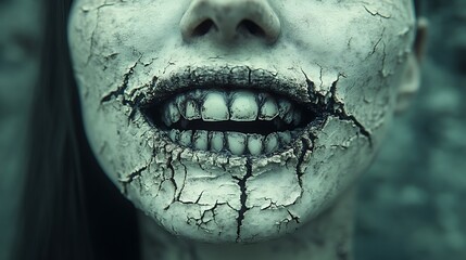 Naklejka premium Close-up of a cracked, decaying face with visible teeth.