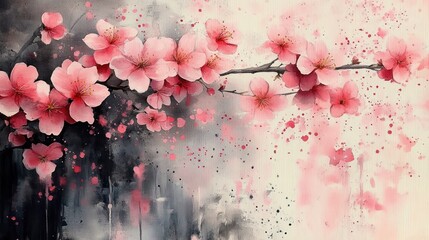 Cherry Blossom Branch Vintage Traditional Japanese Painting on Old Paper