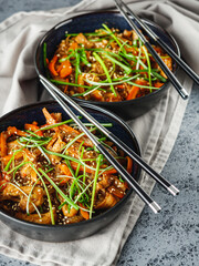 Wok Chicken with Funchoza and Vegetables, Asian Stir-Fry Delight, Tasty and Healthy Gourmet Dish