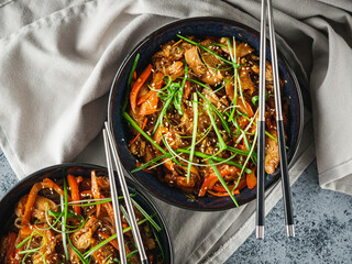 Wok Chicken with Funchoza and Vegetables, Asian Stir-Fry Delight, Tasty and Healthy Gourmet Dish