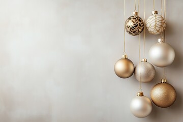 Decora&ccedil;&atilde;o de natal com bolas suspensas em tons dourados, vermelhos e prateados, sobre fundo neutro, criada com IA generativa.