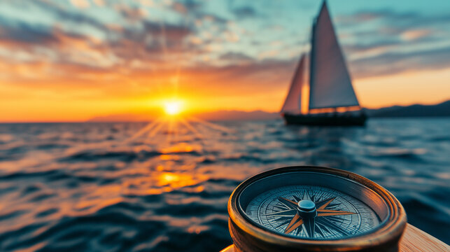 Sailing Towards the Horizon: A compass sits atop a wooden surface, its needle pointing towards a sailboat gliding across the ocean as the sun sets in the distance.