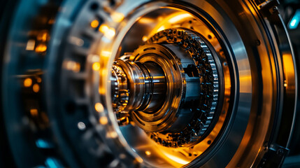 Close-up view of intricate mechanical components illuminated by warm light