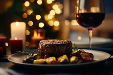 Romantic Christmas dinner grilled steak with roasted vegetables and red wine.