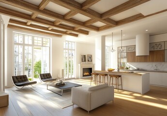Sunlit open-plan living space with kitchen, fireplace, and coffered ceiling.