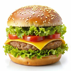 A close-up of a hamburger, isolated on a white background