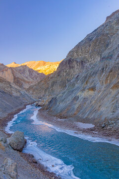 A portion of Indus River frozen from sides during winter months at Leh, Ladakh.