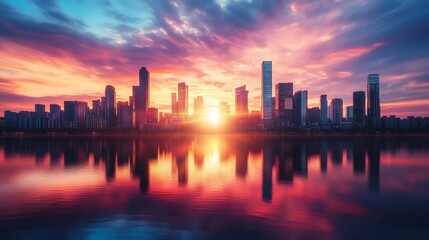 Obraz premium Vibrant sunrise over city skyline reflected in calm water.