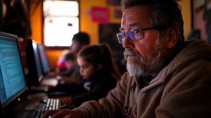 Senior man coding with children.