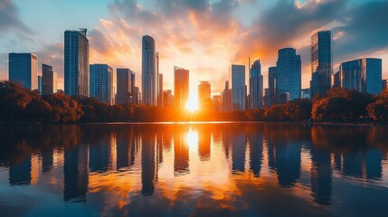 Fototapeta premium Stunning sunset over cityscape reflected in calm water.