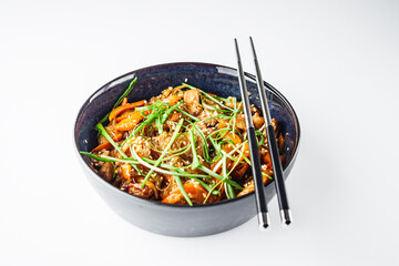 Wok Chicken with Funchoza and Vegetables, Asian Stir-Fry Delight, Tasty and Healthy Gourmet Dish