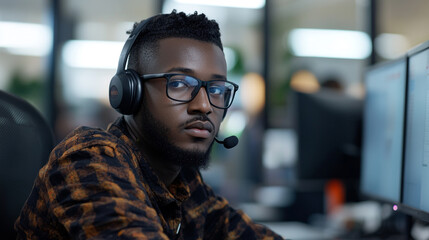 Obraz premium Focused male customer service representative working in a modern office environment