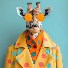 portrait of a giraffe with sunglasses, wearing a polka-dot coat on a blue background