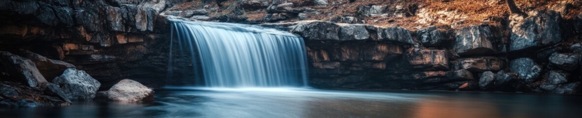 Serene Waterfall Cascading Over Dark Rocks