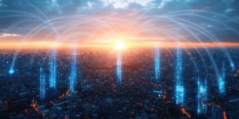 Futuristic Cityscape at Sunset with Connectivity and Communication Technology in Cyberpunk Style