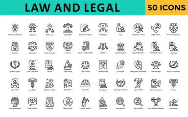 Law and Legal icons set with  intellectual property, trademark, patent law, legal rights, document signing, plea bargain, bail, compliance check, legal hotline  icon. Simple line vector 
