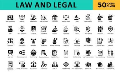 Law and Legal icons set with legal consultation, law firm, legal advice, legal document, courtroom, scales of justice, gavel, legal research, attorney, judge icon. Simple glyph vector 
