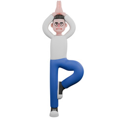 Cartoon 3D Model Video Editor for Animations. A male video editor stands with one leg bent and both hands together above his fist. Illustration Design