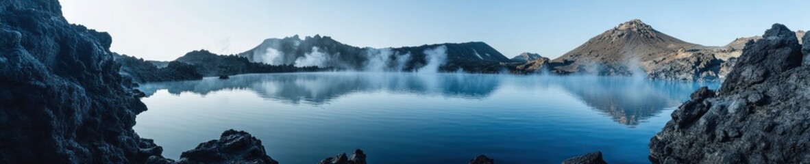 Volcanic Lake Surrounded By Rugged Mountains And Steam