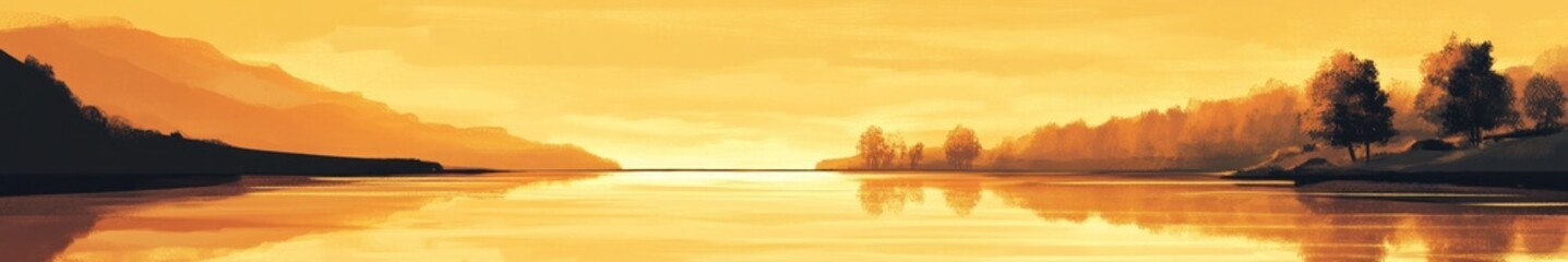 Fototapeta premium Golden Sunset Over Calm Lake And Mountains