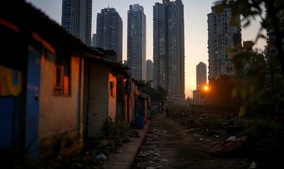 Urban contrast with slum housing and skyscrapers at sunset.