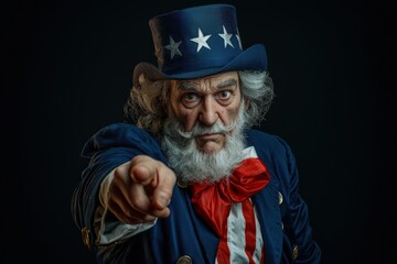 A serious portrayal a senior Uncle Sam pointing directly at the viewer, embodying patriotic spirit