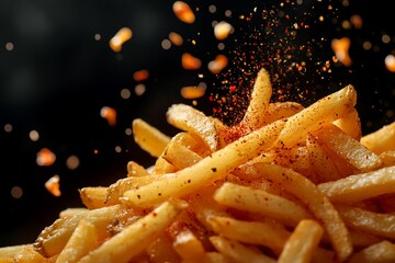 Crispy golden french fries seasoned with red pepper flakes, spices falling.