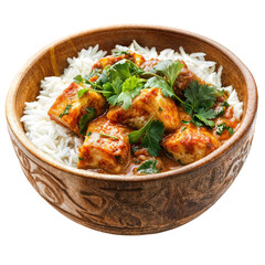 Fototapeta premium Delicious Vegetarian Curry Served Over Fluffy White Rice in a Wooden Bowl With Fresh Cilantro Garnish