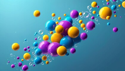A cluster of vibrant glossy spheres in purple, orange, and blue, with smaller bubbles floating around them against a light blue backdrop. 3D rendering.