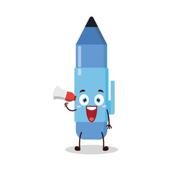cute happy expression of blue pen cartoon character carry megaphone
