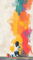 A Little Artist's Colorful Creation: A Child Painting a Vibrant Mural on a Wall © vector Art