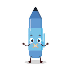 cute shut up expression of blue pen cartoon character mouth closed with plaster