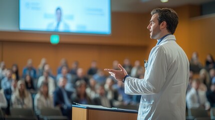 The doctor delivered a speech presentation. Medical professional speaking to an audience