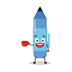 cute cheerful expression of blue pen cartoon character carry cup of coffee