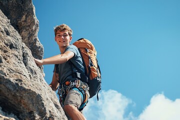 A young man determinedly climbing a mountain, showcasing resilience and ambition.