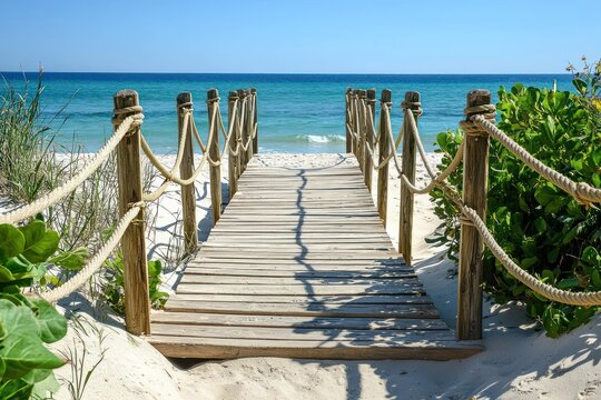 Fototapeta A wooden footbridge with rope railings, crossing over a sandy beach and leading to the ocean